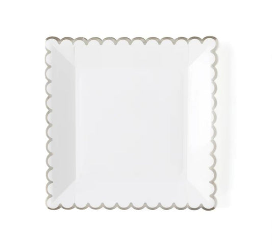 My Minds Eye White 9" Scalloped Plate with Silver Accents